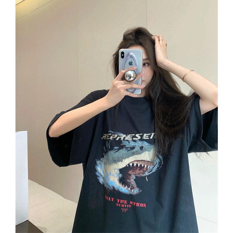 American retro Hong Kong flavor shark pure cotton short-sleeved T-shirt women's summer large size catties half-sleeved loose top tide