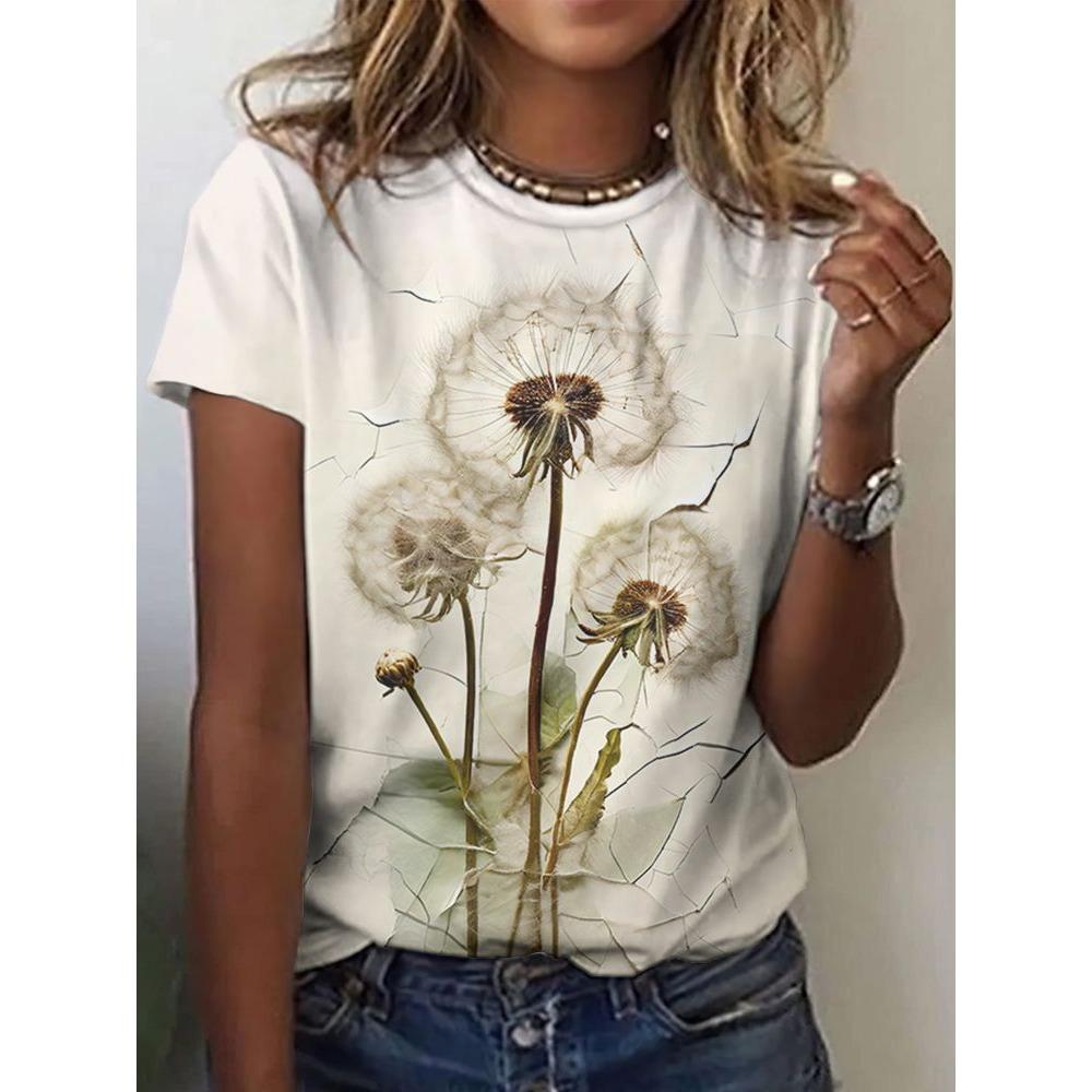 Camiseta com padrão impresso em 3D, verão e primavera, manga curta, gola redonda, top casual, roupa feminina
