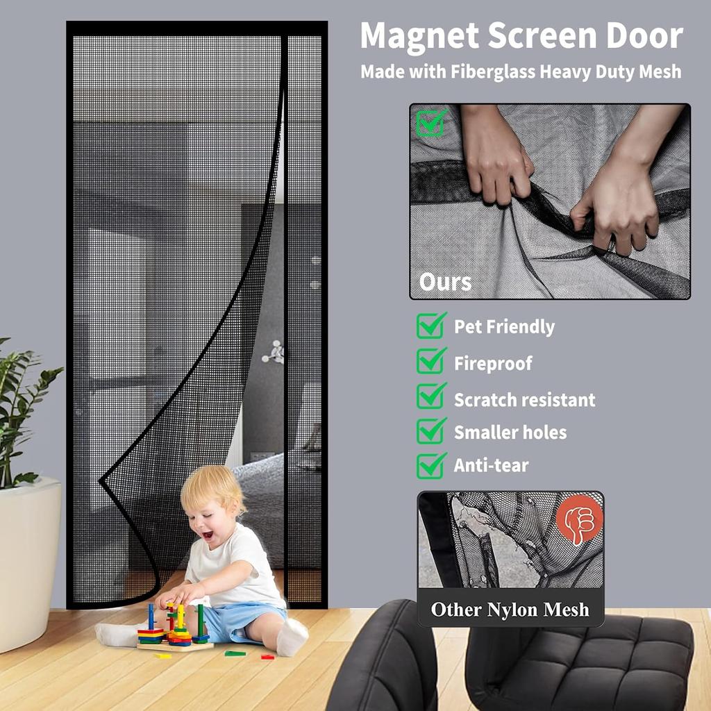 Zanzariera Magnetica Reversibile Apribile a Sinistra o a Destra, Tenda a Rete Stretta Resistente in Fibra di Vetro, Mani Libere, per Patio, Camera da Letto, Adatta a Porte, Nera