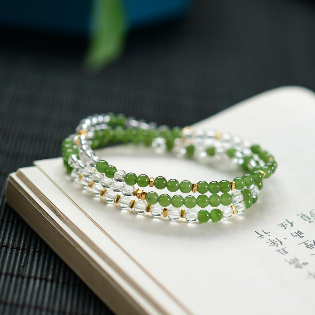Hetian Jade & White Crystal Bracelet with 925 Silver Accents