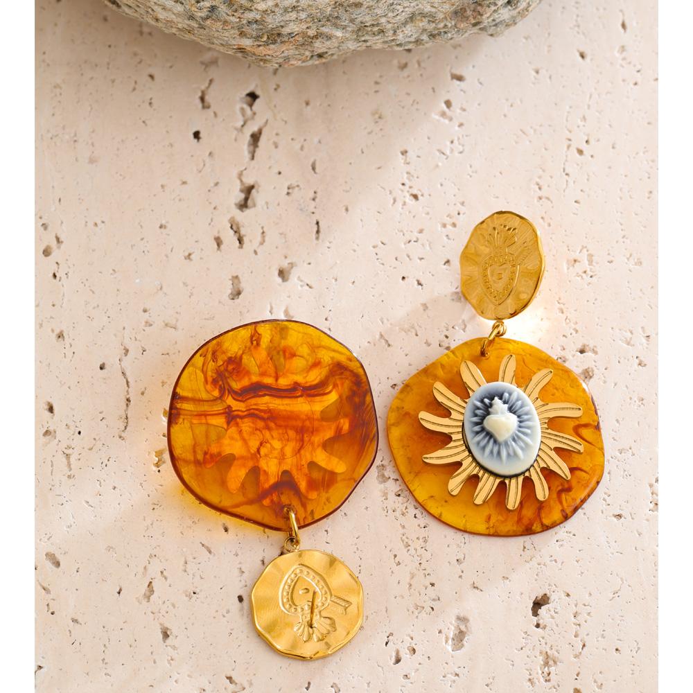 Eetit Exclusive Design Amber Resin Round Sun Pendant Drop Earrings Arrivals Stainless Steel Golden Fashion Jewelry Waterproof