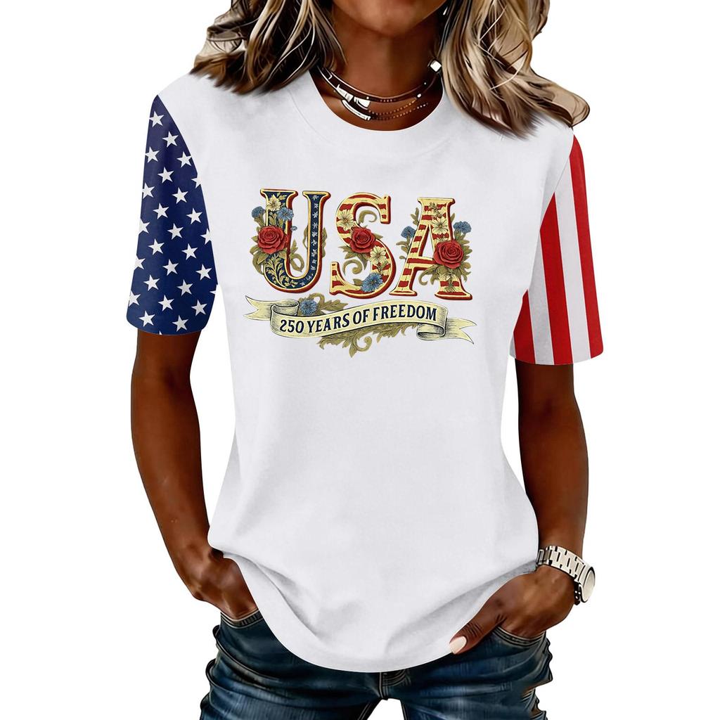 Women's Fashionable Casual Short Sleeve Print Round Neck Pullover Top