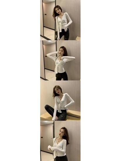 Podzimní Slim Fit Tričko s dlouhým rukávem a páskem v pase pro ženy, jednobarevné s límečkem, základní vrstva