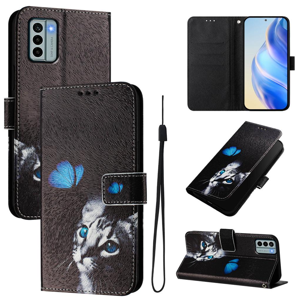 Butterfly and Cat Luxury Painted Leather Case Wallet Book Style Cover for Nokia C12,C32,C02,C22,G22,G11 4G,G21 4G,G42,G10,G20,C10,C20,HMD Pulse...