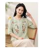 Women Pink V Neck Floral Embroidery Half Placket Three Quarter Sleeve Cotton Linen Blouse