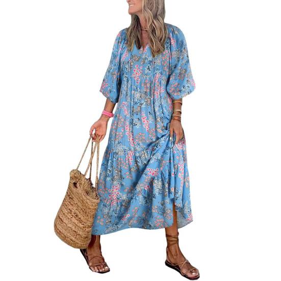 Lady Fall Dress Bubble Sleeves V Neck Printing A-line Loose Ankle Length Patchwork Bohemian Beach Maxi