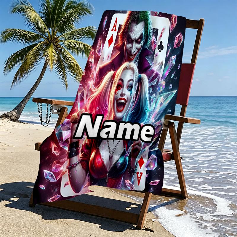 Custom Name Personalized Harley Quinn Joker Print Beach Towel, for Trip Camping Beach Party Home Decor, Birthday Gift for Family & Friends