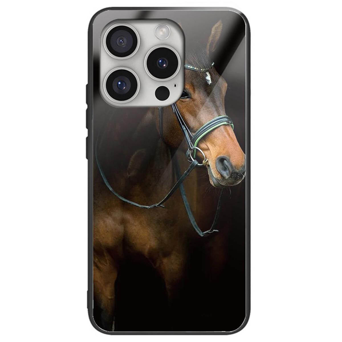 

For iPhone 16 Pro Max Shockproof Case Pattern Printed Tempered Glass+TPU Phone Cover Horse