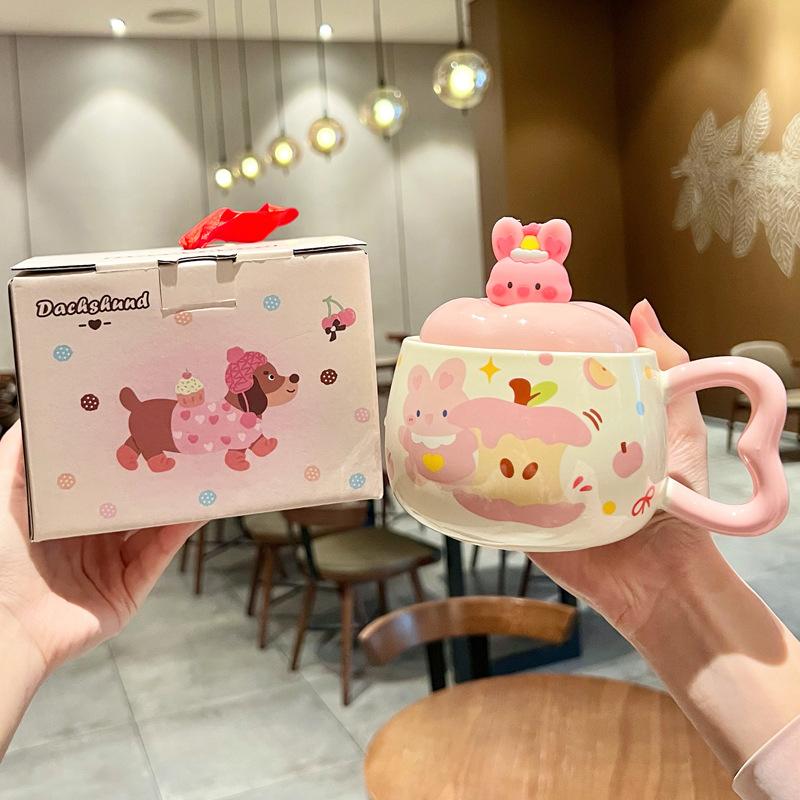 Apple Puppy Water Cup Super Beautiful Rabbit Ceramic Cup with Lid Spoon Couple Mug for Girls' Birthday Gift