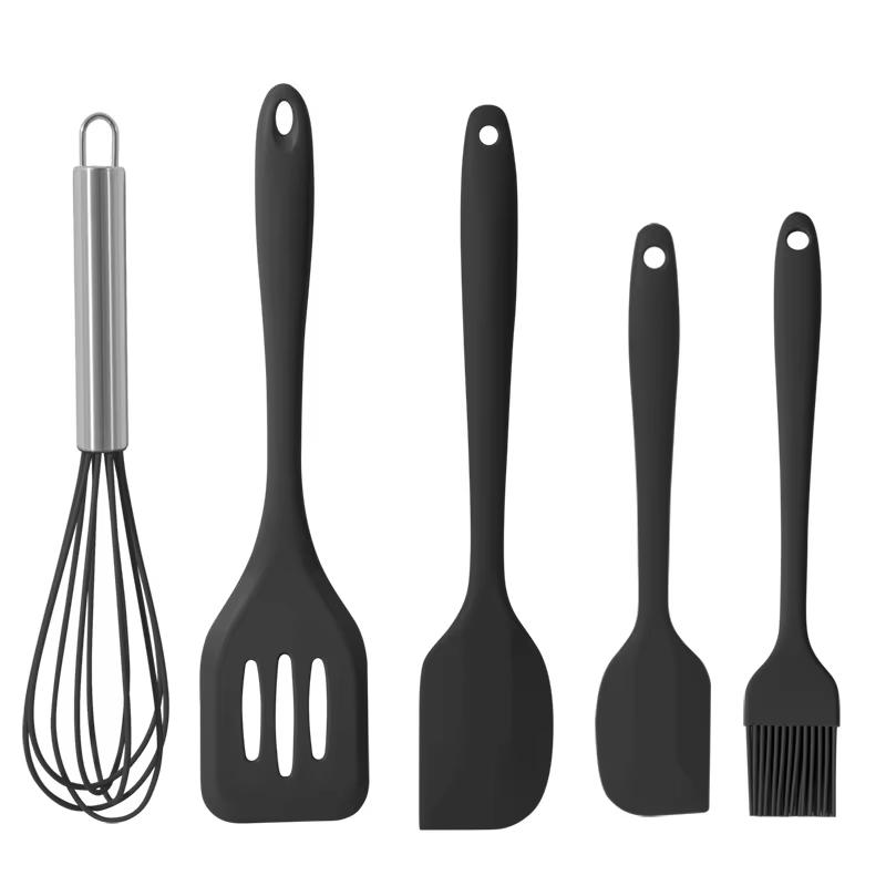 

5 Piece Silicone Spatulas Set Heat Resistant Kitchen Utensils Set with Egg Whisk Basting Brush Turner Nonstick Cooking Tools Set чёрный