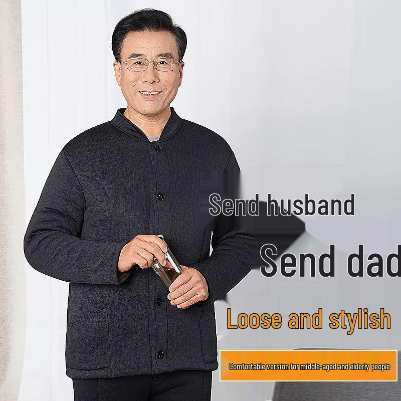 Woodpecker Winter Plus Velvet Dad Suit: Thickened Cotton Jacket & Pants for Middle-Aged & Elderly