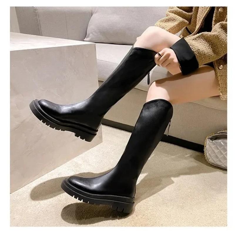 Fashion Elastic High-Cut Boots Women's Spring Autumn round Toe Thick Heel Knight Style Knee-High Boots Comfortable Breathable Leather