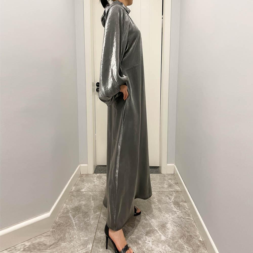 Damenkleidung, einfarbig, große Laternenärmel, helle Seide, lange Ärmel, Stehkragen, Rückenbindung, muslimisches Kleid, 6 Farben
