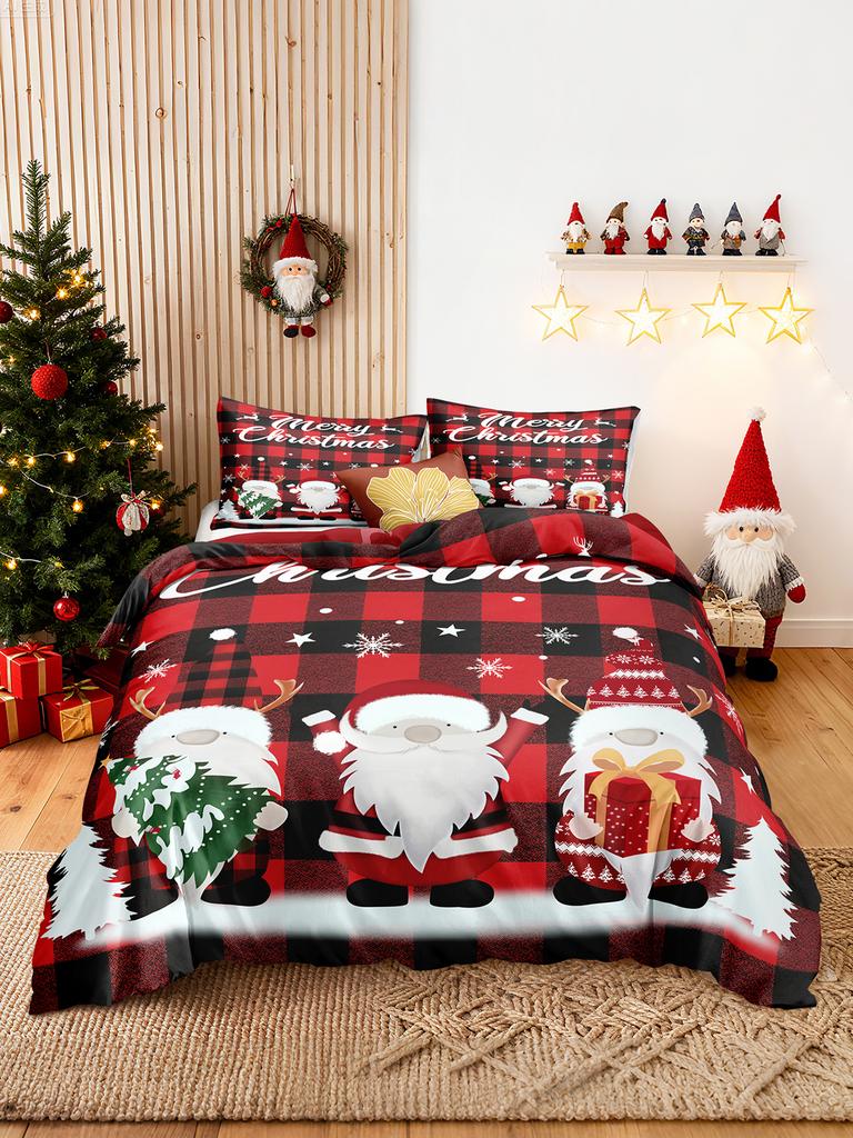 3pcs/set Christmas Reindeer Snowman Bedding Set Includes 1 Duvet Cover And 2 Pillowcases Soft And Skin-Friendly