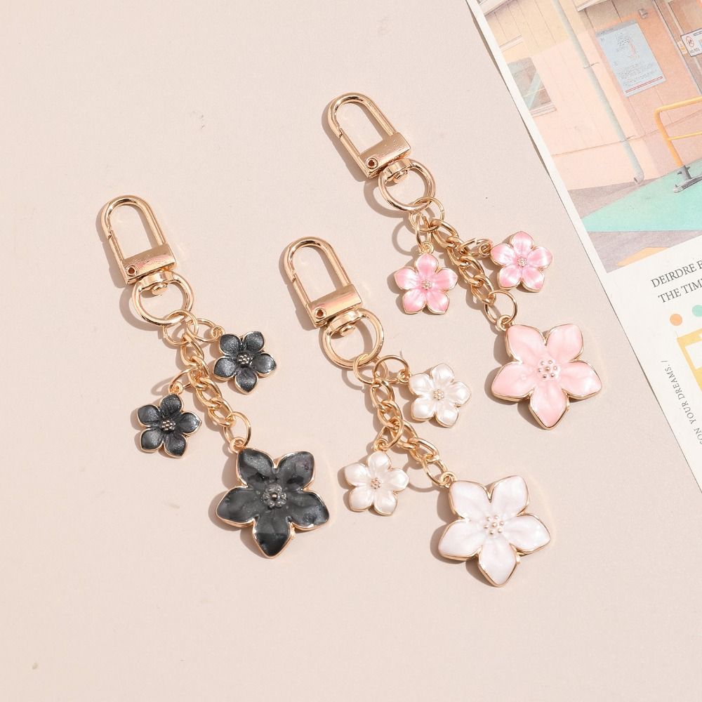 Alloy Cherry Blossom Keychain Enamel Coating Pearl Drop Keyring Lovely Flower Key Holder  Daily Use