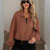 High Neck Zipper Jacket, Drawstring Hem, Pockets, Women's, Loose Fit, Baseball Jacket