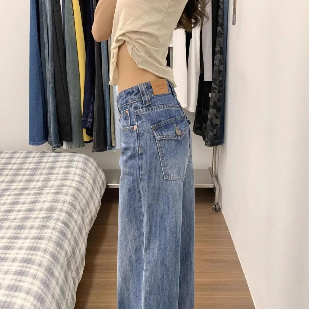 Retro Style Skinny Wide-legged Jeans Women's Spring/summer Washed Mid-waisted Straight Casual Dragging Trousers Jeans for Women Long Denim Pants