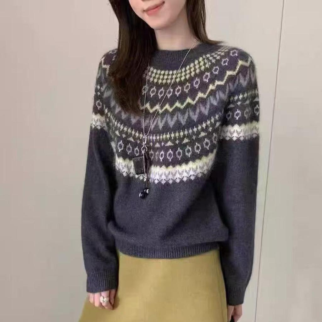 Retro Red Jacquard Knit Sweater - Korean Style Color Block Round Neck for Women