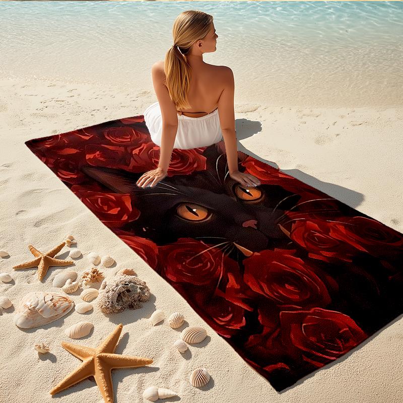 1Pc Black Cat Roses Beach Towel Quick Dry Multiuse For Beach Pool Gym Yoga Home Travel Christmas Halloween Xmas Gift G1106