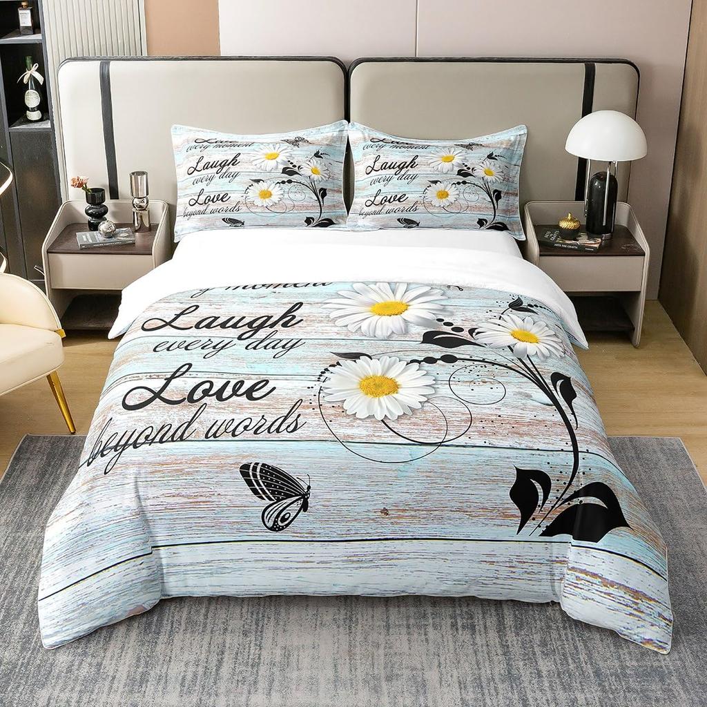 Sada povlaků na přikrývku levandulová, Dekorativní 3dílná sada povlečení s motivem sedmikásek, 2 povlaky na polštář, Velikost Full Queen King, pro děti dívky