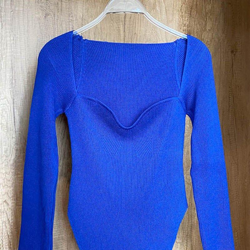 Square Collar Long Sleeve Woman Sweaters Knitted Pullover Wo