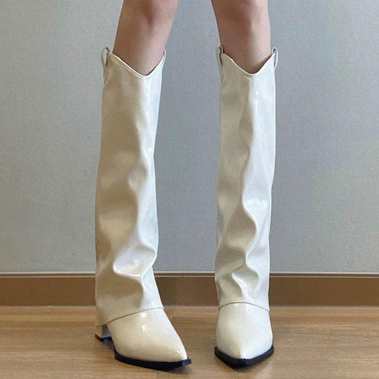 

Кожаные массивные женские высокие сапоги с острым носком, модные туфли на высоком каблуке 2025 года, трендовые зимние новые туфли-лодочки до колена, мотоциклетные ботинки 39 белый