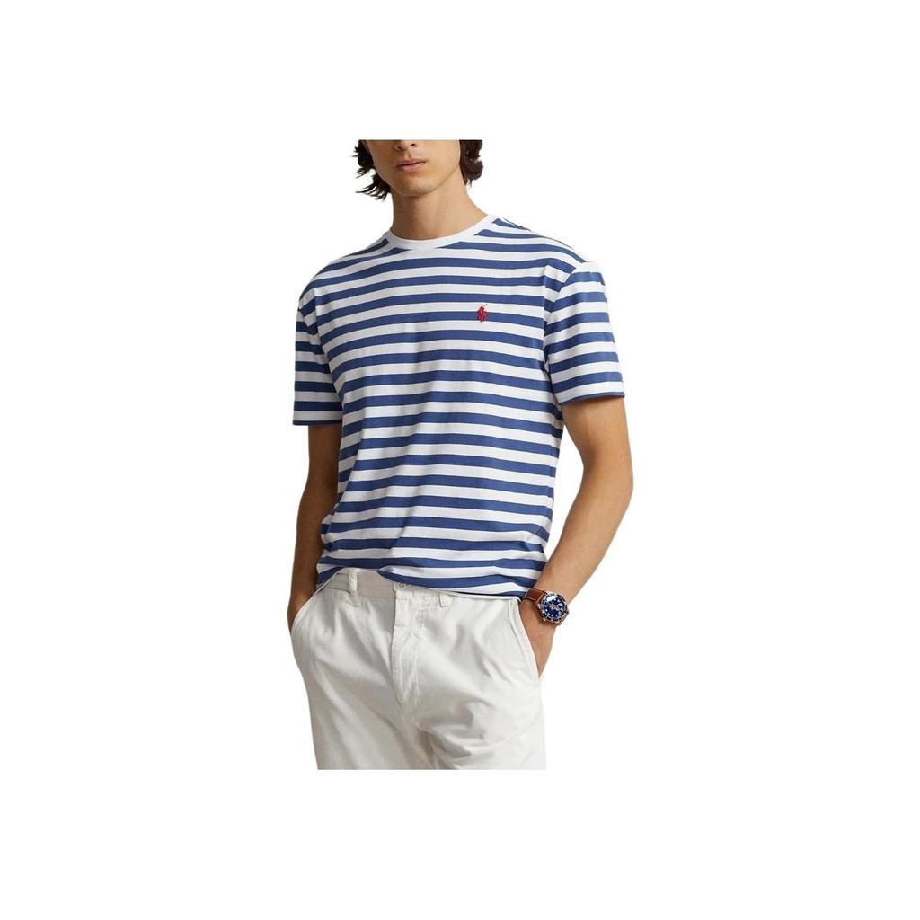 Polo Ralph Lauren SS23 Logo Embroidered Cotton Striped Crew Neck Short Sleeve T-Shirt Men Tops Blue 710906295-001