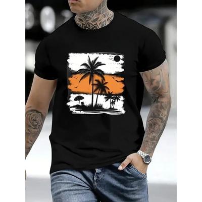 Evropské velikosti T-shirt s potiskem palmy pro muže Ležérní tričko s krátkým rukávem 1 ks - Pohodlný kulatý výstřih, Měkká roztomilá trička Topy