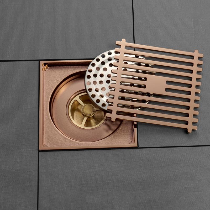 Rose Gold Floor Drain Square 100x100MM Brass Drain Toilet Balcony Bathroom Shower Anti-odor Drains Tile Insert Waste Grates