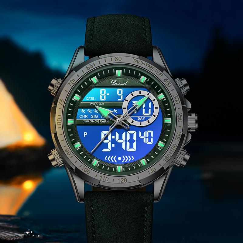 Los últimos relojes deportivos de moda, manecillas multifuncionales, resistente al agua, correa de cuero luminosa, doble pantalla, relojes de negocios de lujo para hombres