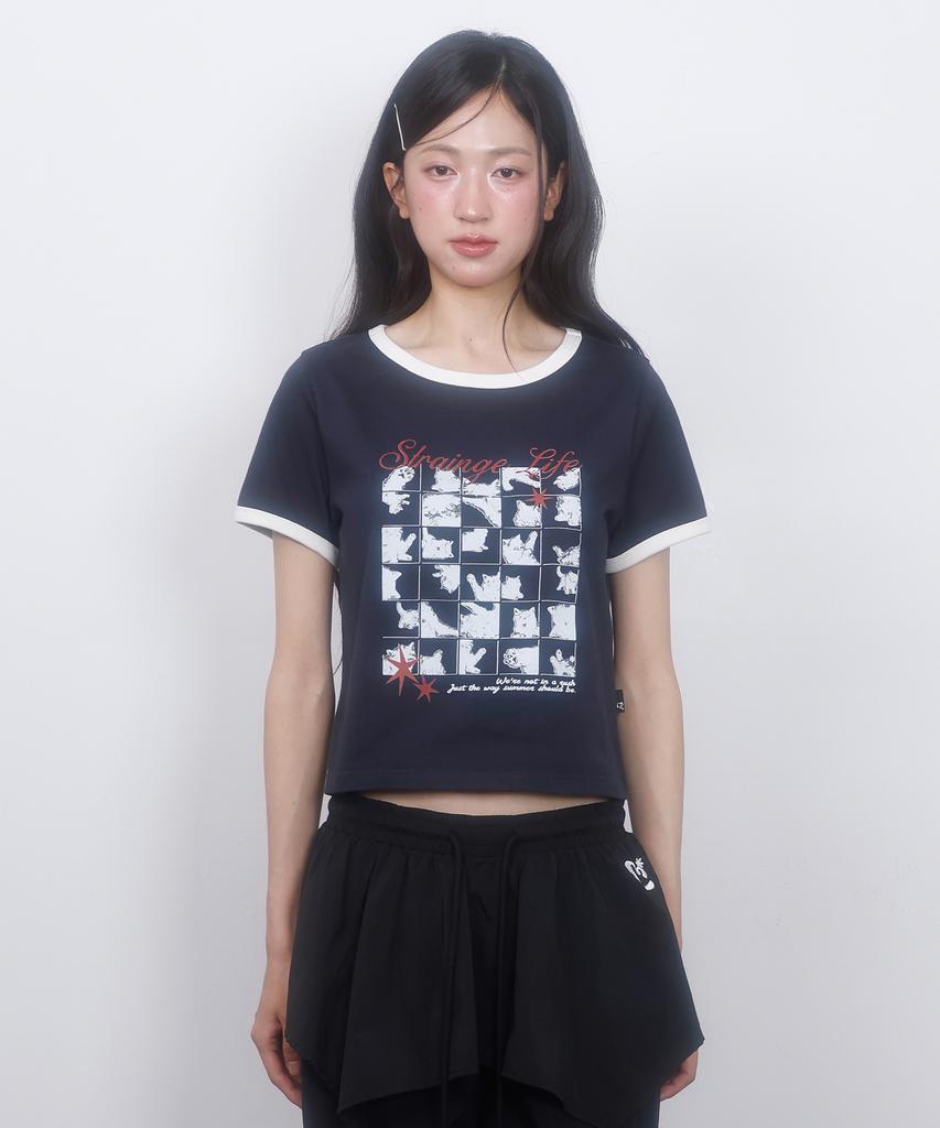 LMR Cat Foster Ringer Crop Short Sleeve T-Shirt Navy