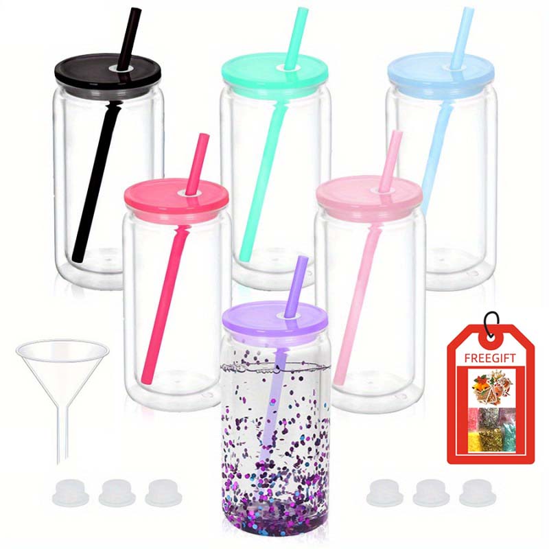 6PCS 16oz Double Wall Plastic Water Bottles with Straws Lids DIY Snowball Cup with Pre Drilled Hole Reusable Kids Drinkware Cups