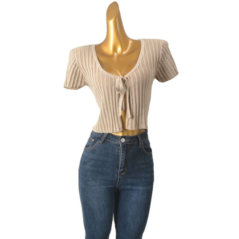 US Niche Style Cards Retro Cut Out Summer Short-Sleeved Top Shoelace Sexy Sexy Export Short Knitted Outerwear
