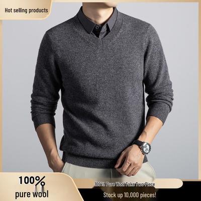 2025 Herre Tyk Uld V-hals Revers Sweater - Falsk To-delt Business Strik