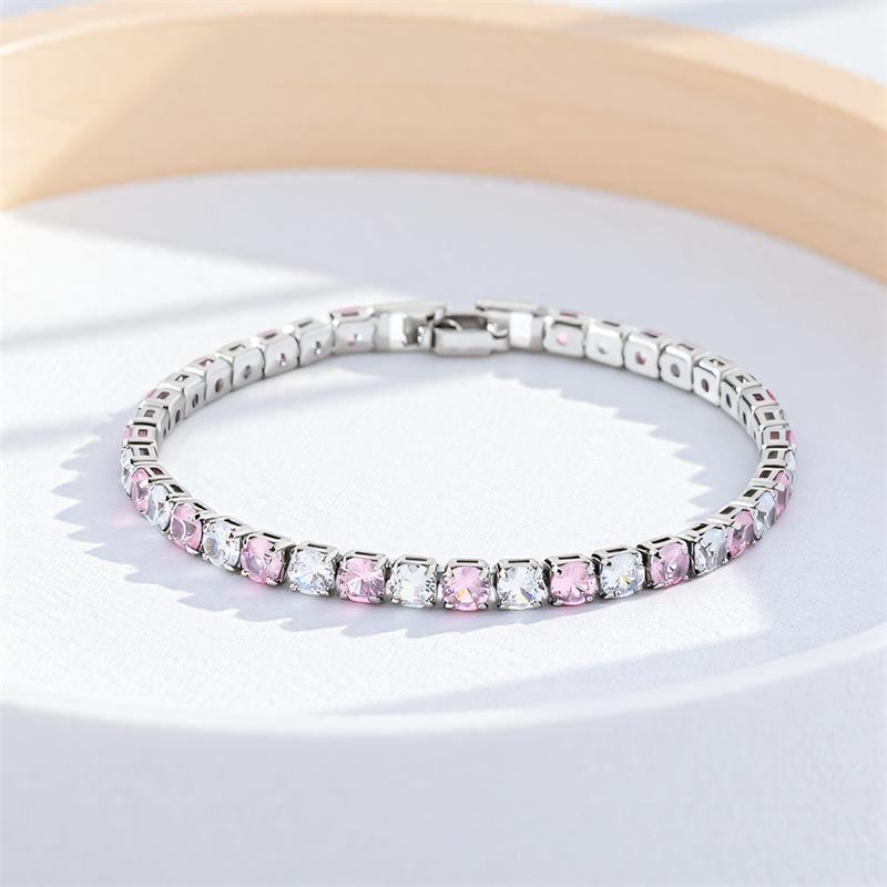 

4mm Round Stone Cute Pink Crystal White Zircon 17/19cm Bracelets for Women Vintage Silver Color Chains Bracelet Wedding Jewelry 19cm