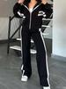 Autumn  Striped Zipper Jacket Casual Sports Set Women