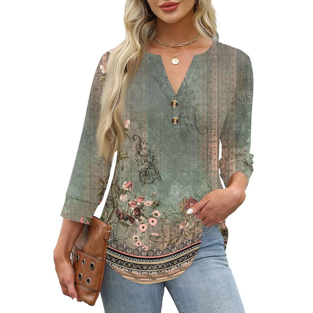 Women's Fashion Casual Floral Print Neck 3/4 Sleeve T-Shirt Top for Everyday Wear
