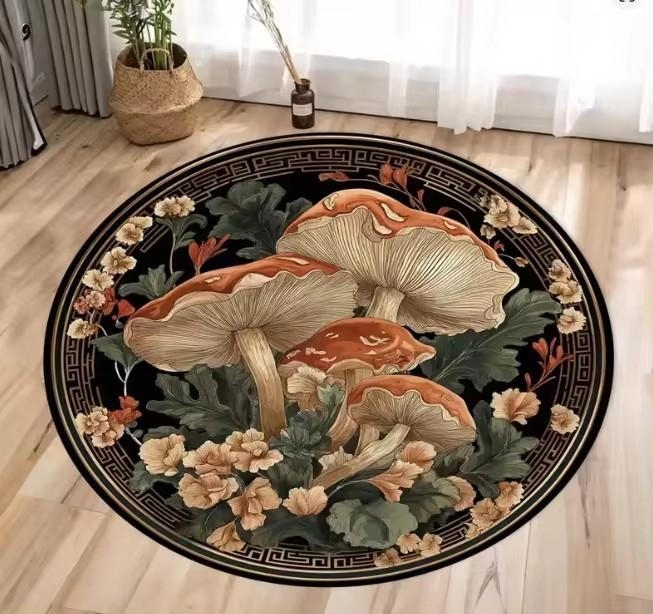 Round Black Carpet Dreamy Colored Mushroom Pattern Rug Living Room Bedroom Anti Slip Dirt Resistant Floor Mat Home Decoration