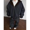 Unisex Hooded Winter Jacket with Vertical Stripes, Leopard Print Lining, and Color Block Patchwork.