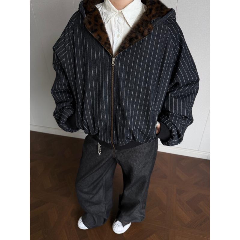 Unisex Hooded Winter Jacket with Vertical Stripes, Leopard Print Lining, and Color Block Patchwork.