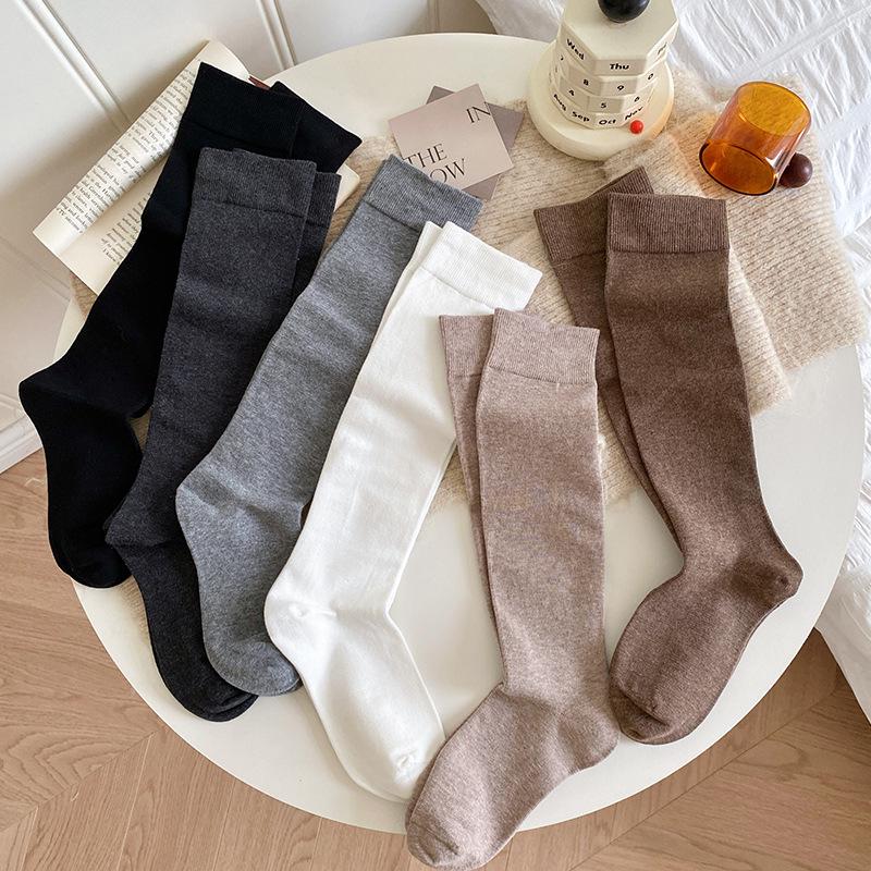 Women's Korean Style Slimming Knee-High Cotton Socks - Autumn/Winter Japanese JK Solid Color