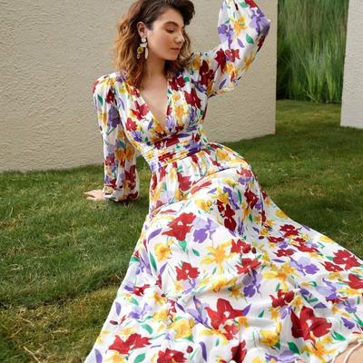 Elegante A-Linie Vintage Print Blumenkleider Damen Sommermode Puffärmel Damen Freizeitkleid V-Ausschnitt Party Club Schlanke hohe Taille Langes Kleid 26172