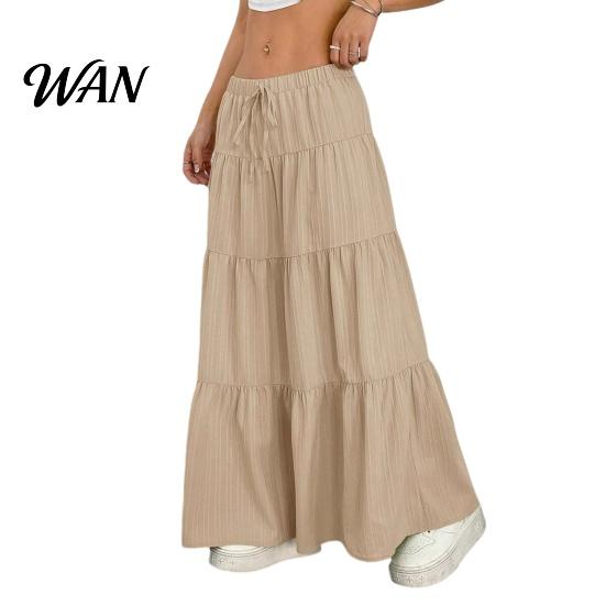 Elastic Waistband Skirt Women Long Spring Summer Middle Waist A Line Flowy Swing Occasion Breathable Solid Color Drawstring Pleated Casual Elegant