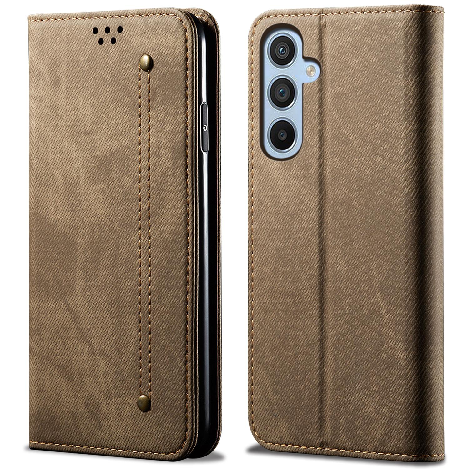 

For Samsung Galaxy A55 5G Case Wallet Jeans Cloth Texture Leather Stand Cover Khaki