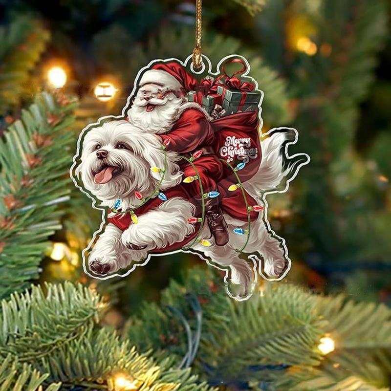 2026 Santa Claus And His Funny Dog Ornament 2D Flat Acrylic Pendant Christmas Decoration For Home Xmas Tree  Year Kerst