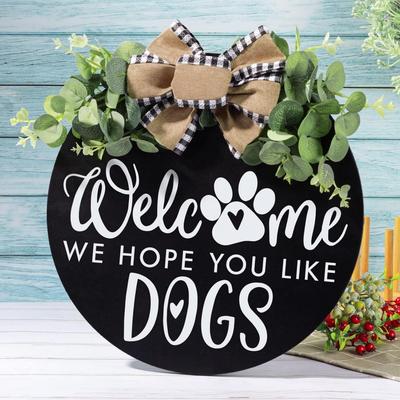 Front Door Porch Decor Farmhouse Door Sign with Eucalyptus Leaves & Buffalo Bow - Welcome Wreath Sign Hanging for Dogs Lovers Spring Summer Decor