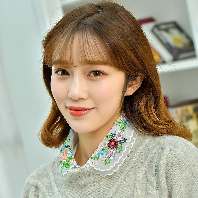 Embroidered Sweater Lapel Fake False Collar Female White Half Shirt Tie Detachable Collars Button Blouse Tops Decorative