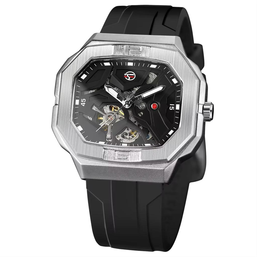 Forsining Mens Skeleton Automatic Self Wind Mechanical Movement Watches Waterproof Luminous Square Dial Silicone Strap Wrist Watch