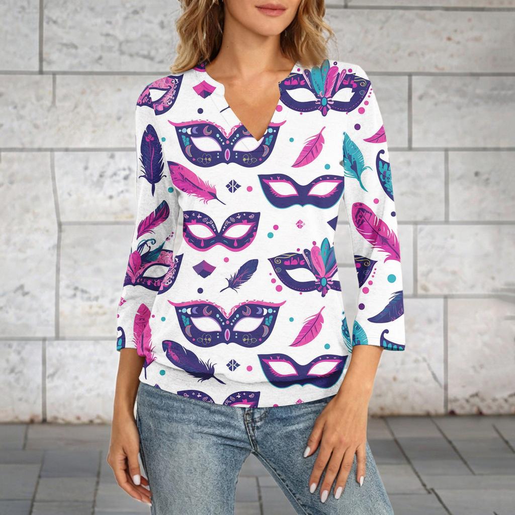 Women's 3/4 Sleeve Top With Cuffed Hem, V-Neck, Summer Casual -Shirt, Carnival Printed Top