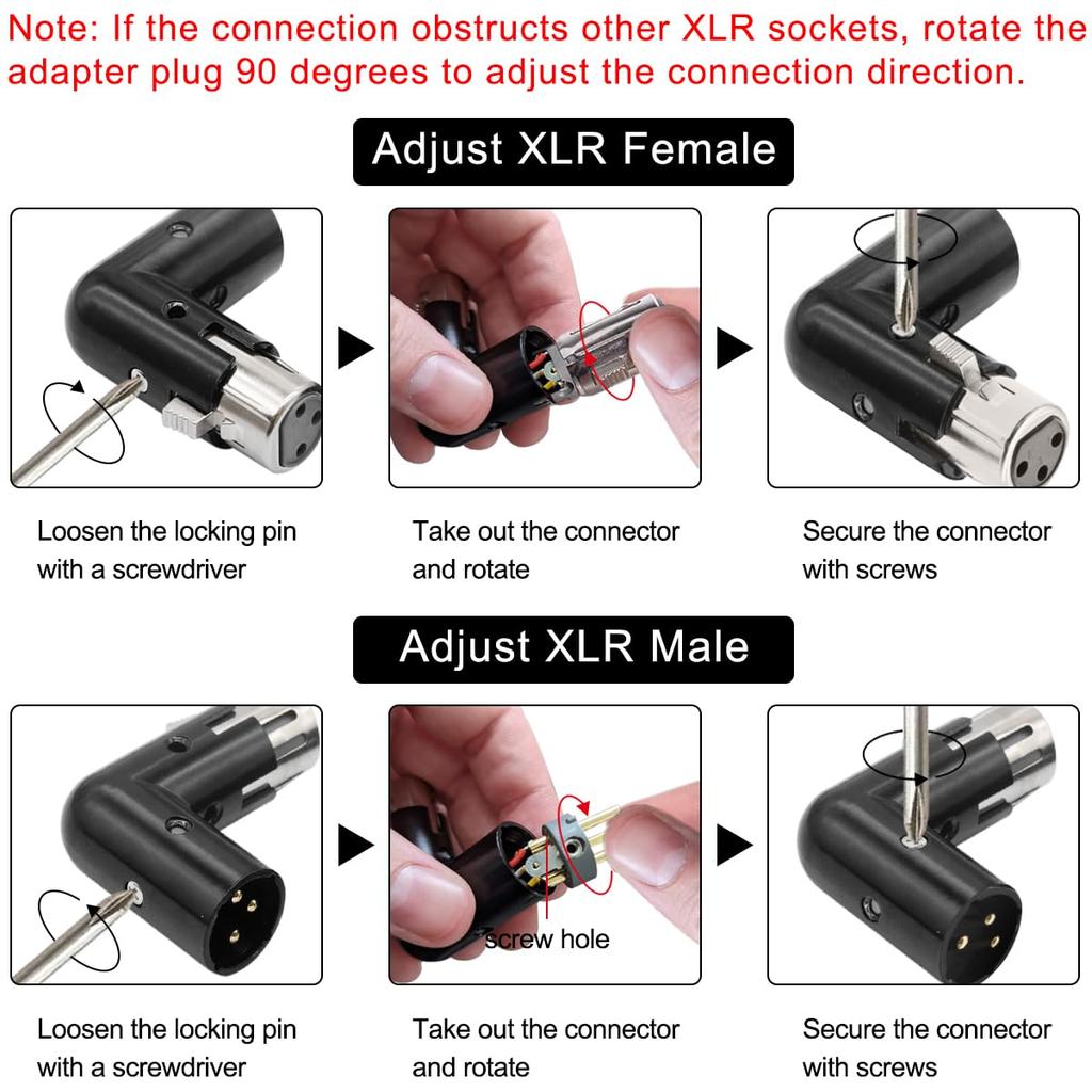 Xiatiaosann XLR Angle Adapter 3-Pin Dual Male To Female Connector 90 Degree Adjustable 4 Different Angles RightLeft Plug Socket for Mixer Microphone